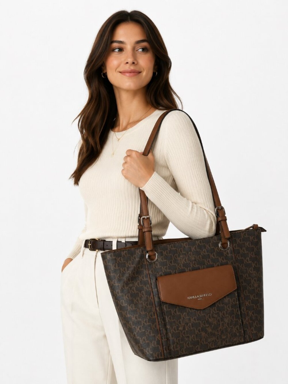 Karl Lagerfeld Paris Monogram Print Tote Bag – Brown Signature Logo Shoulder Bag
